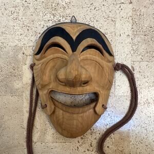 Hand Carved Wooden Korean Hahoe Theater Mask w Eyebrows, Hinged Jaw, wallhanger